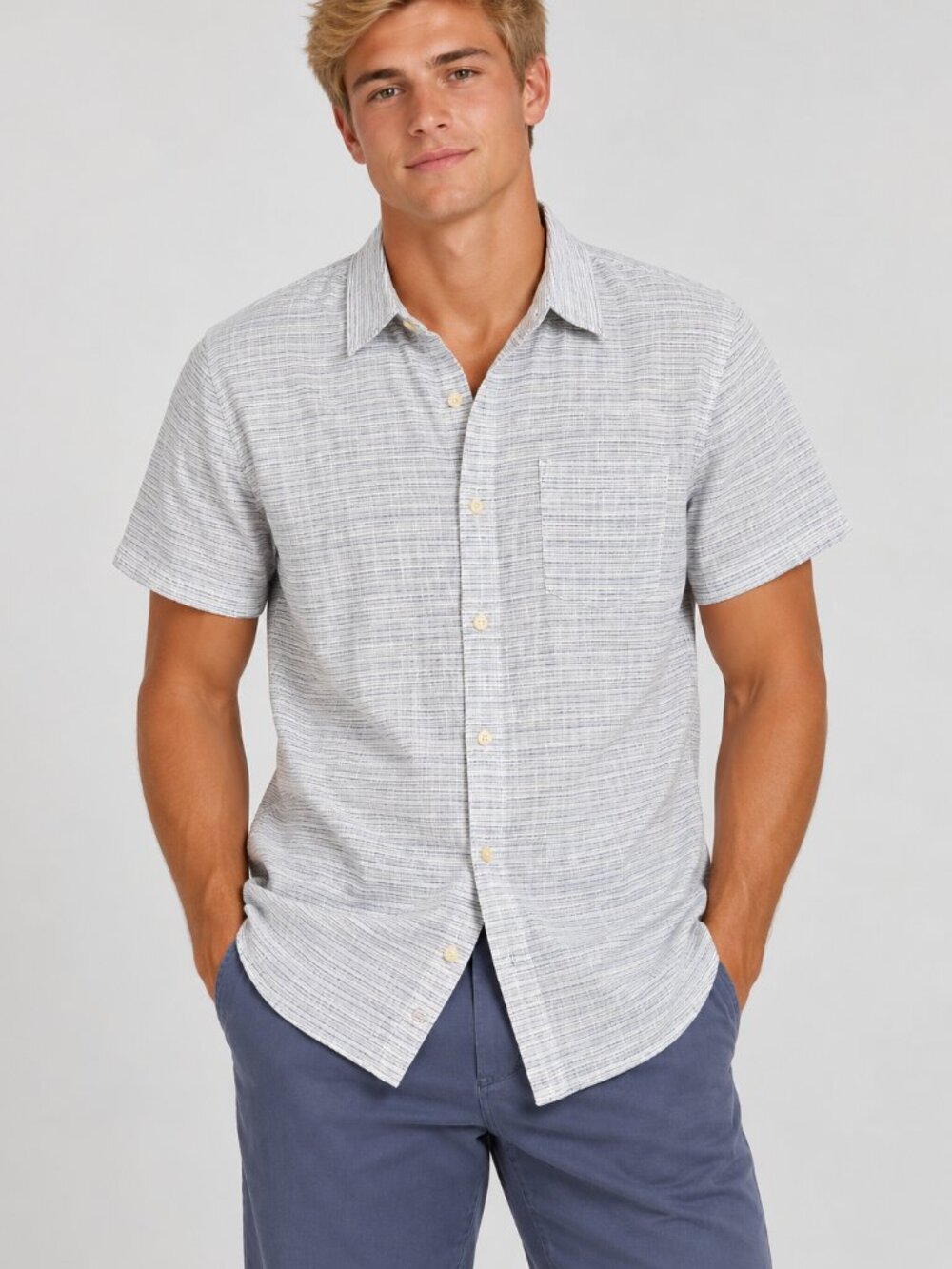 Marine Layer Men's Blue Mini Stripe Selvage Short Sleeve Shirt M 50501